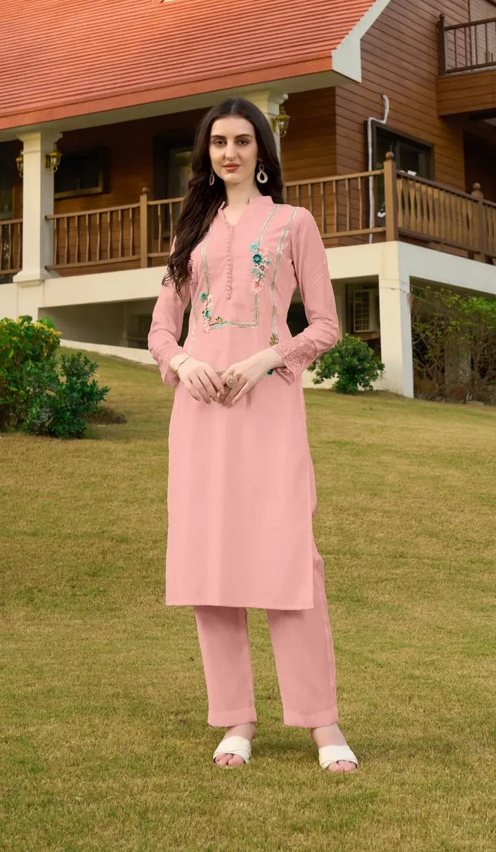 Light Pink Embroidere Art Silk Straight Kurta