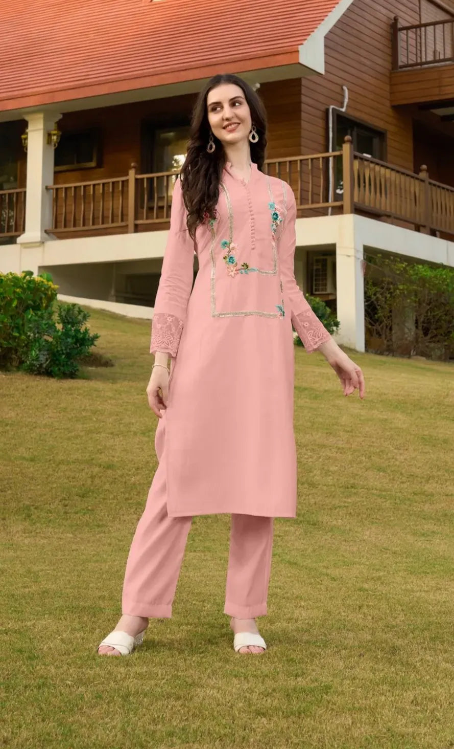 Light Pink Embroidere Art Silk Straight Kurta