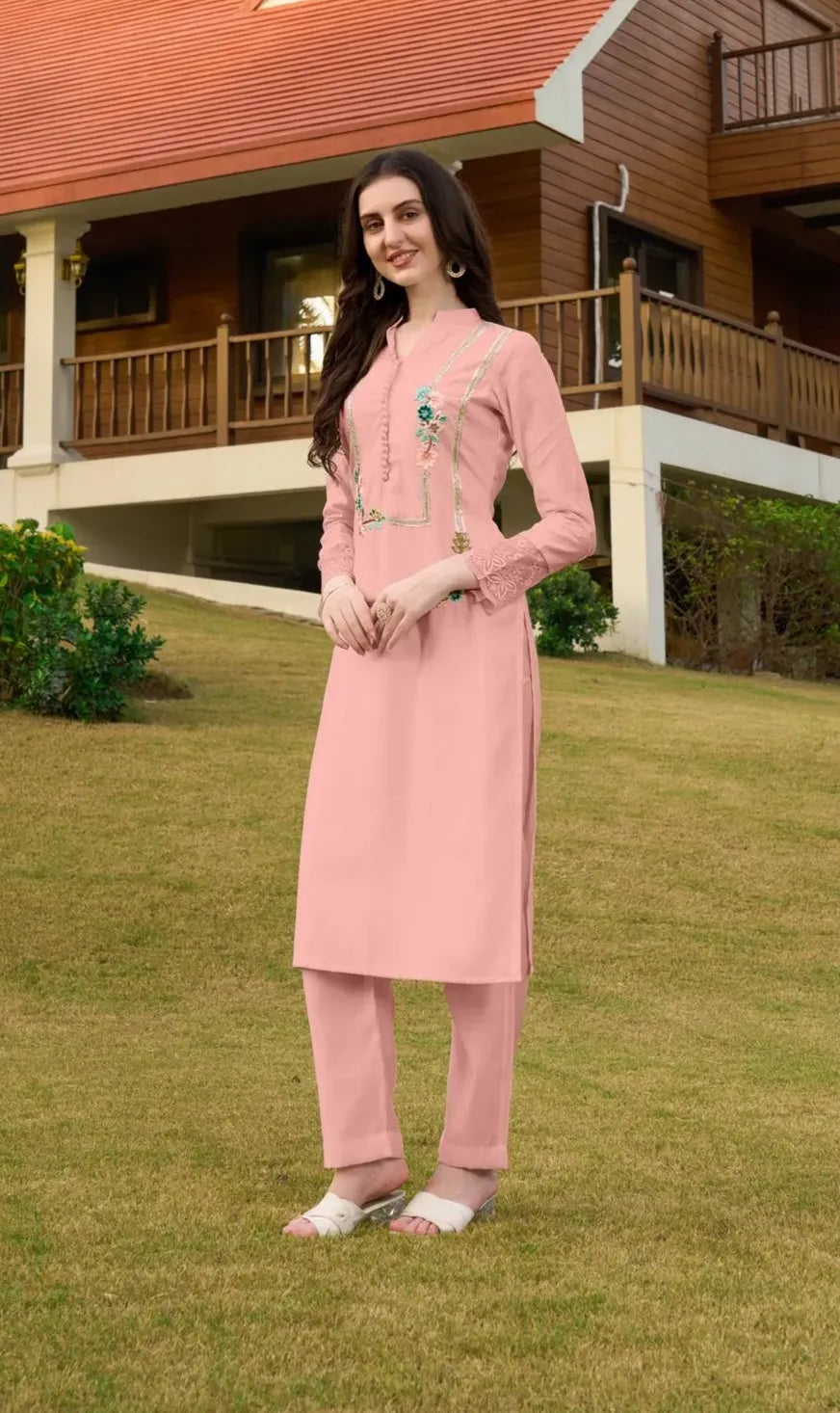 Light Pink Embroidere Art Silk Straight Kurta
