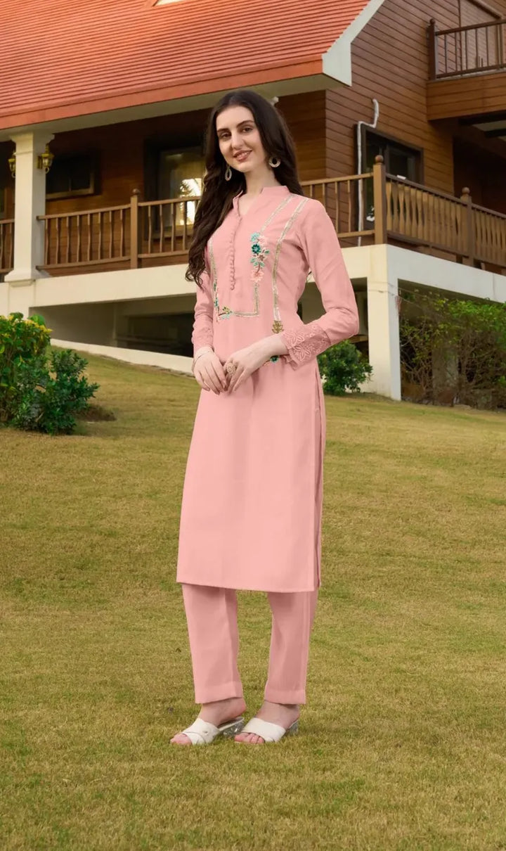 Light Pink Embroidere Art Silk Straight Kurta