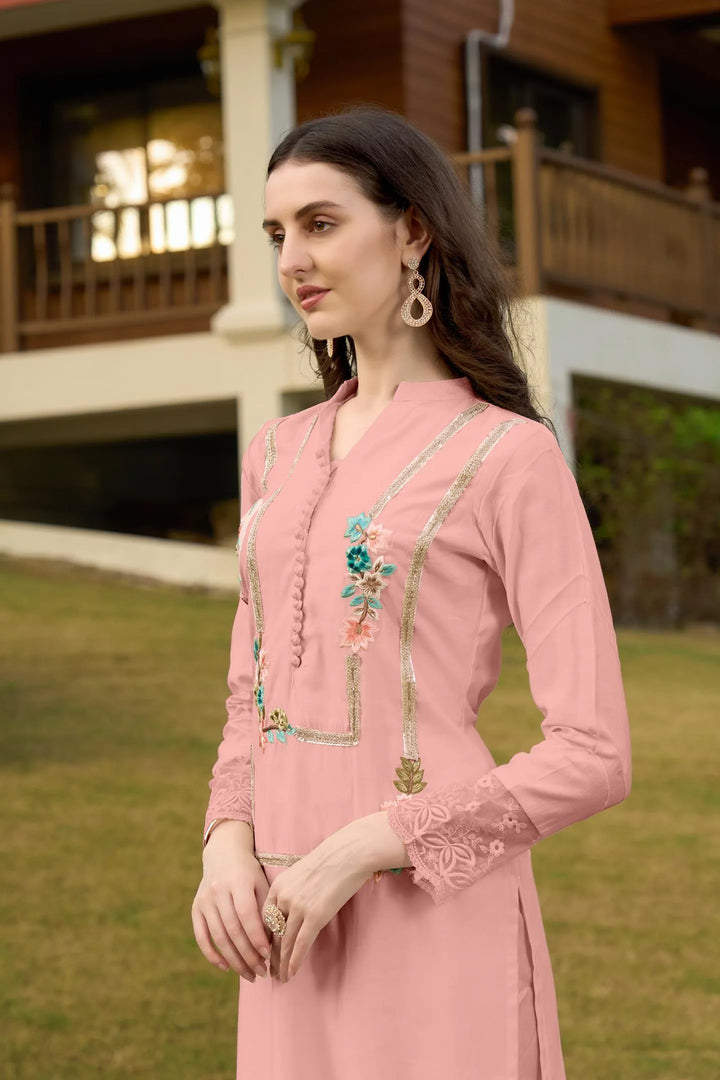 Light Pink Embroidere Art Silk Straight Kurta