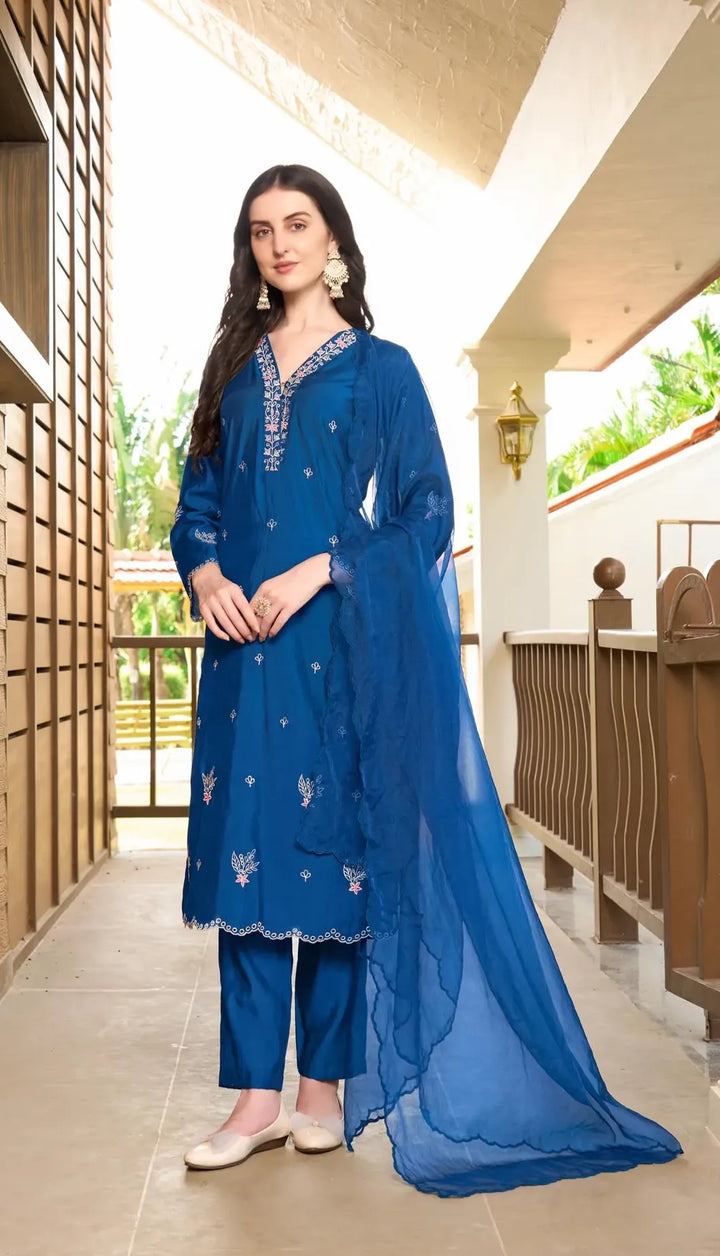 Blue Resham Embroidery Art Silk Asymmetrical Suit