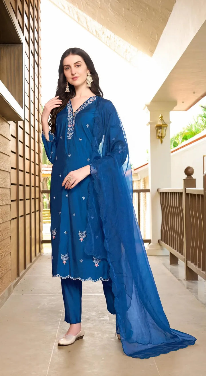 Blue Resham Embroidery Art Silk Asymmetrical Suit