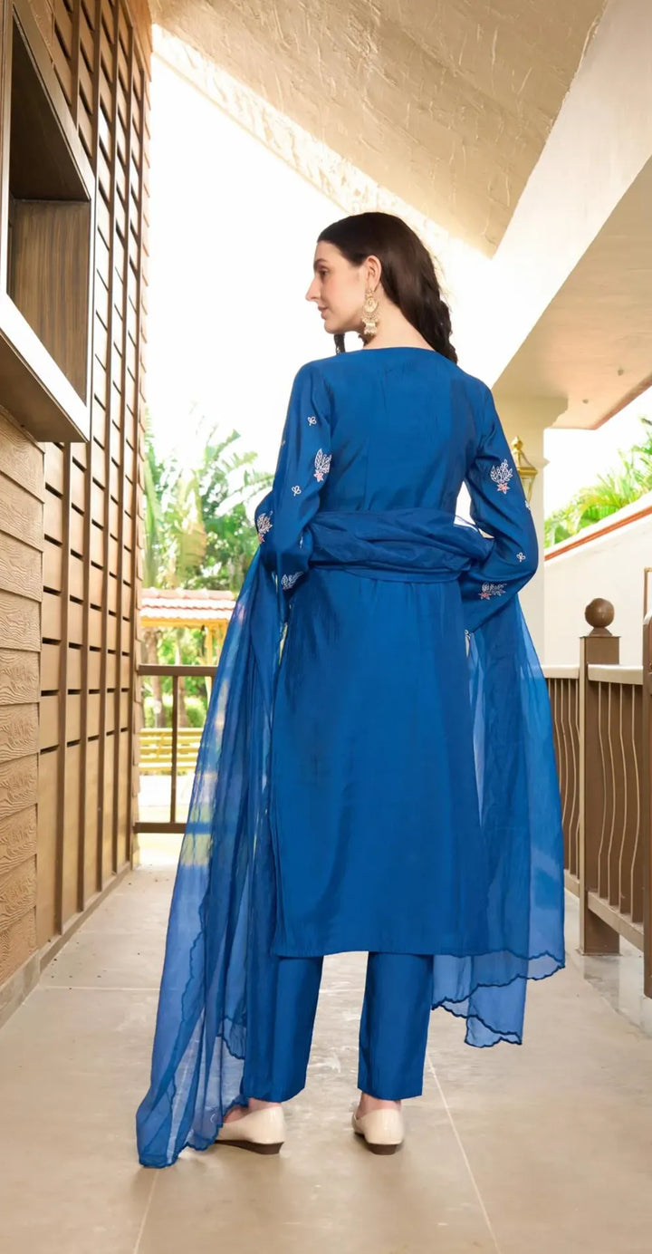 Blue Resham Embroidery Art Silk Asymmetrical Suit