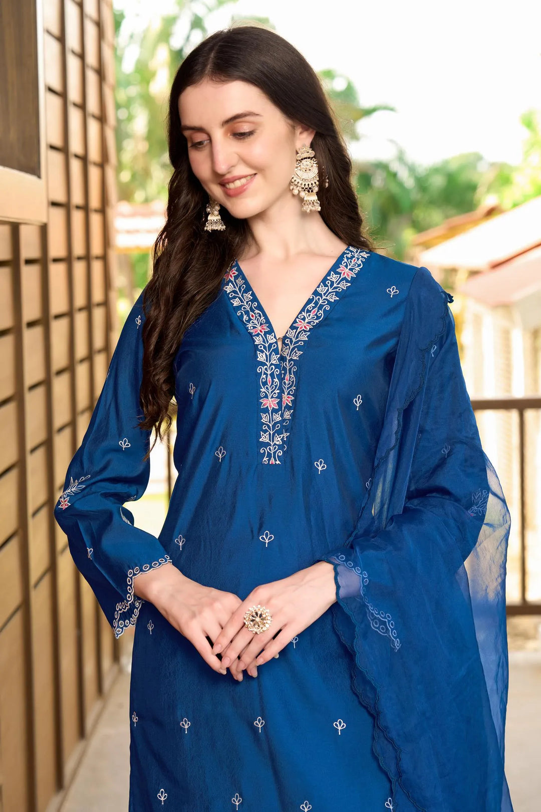 Blue Resham Embroidery Art Silk Asymmetrical Suit