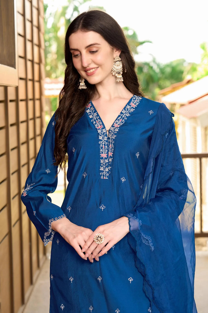 Blue Resham Embroidery Art Silk Asymmetrical Suit