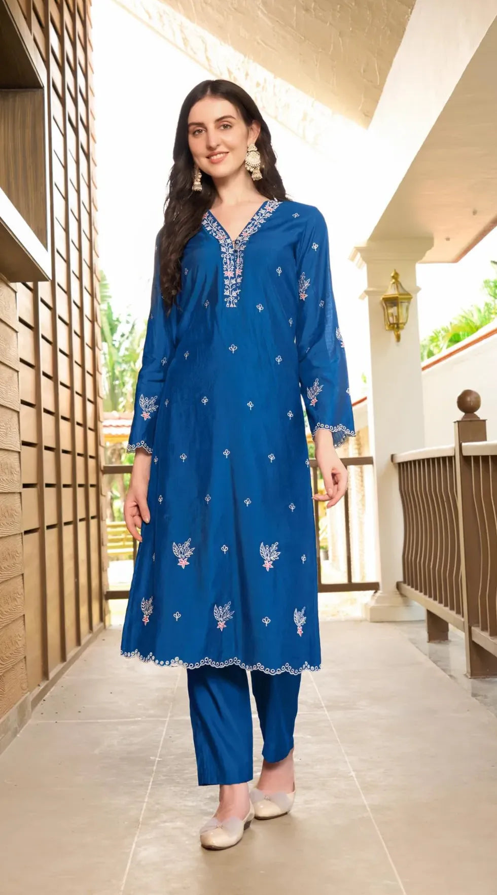 Blue Embroidered Art Silk Straight Kurta