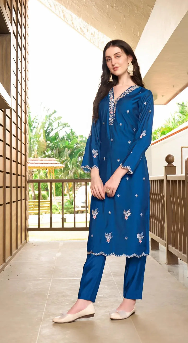 Blue Embroidered Art Silk Straight Kurta