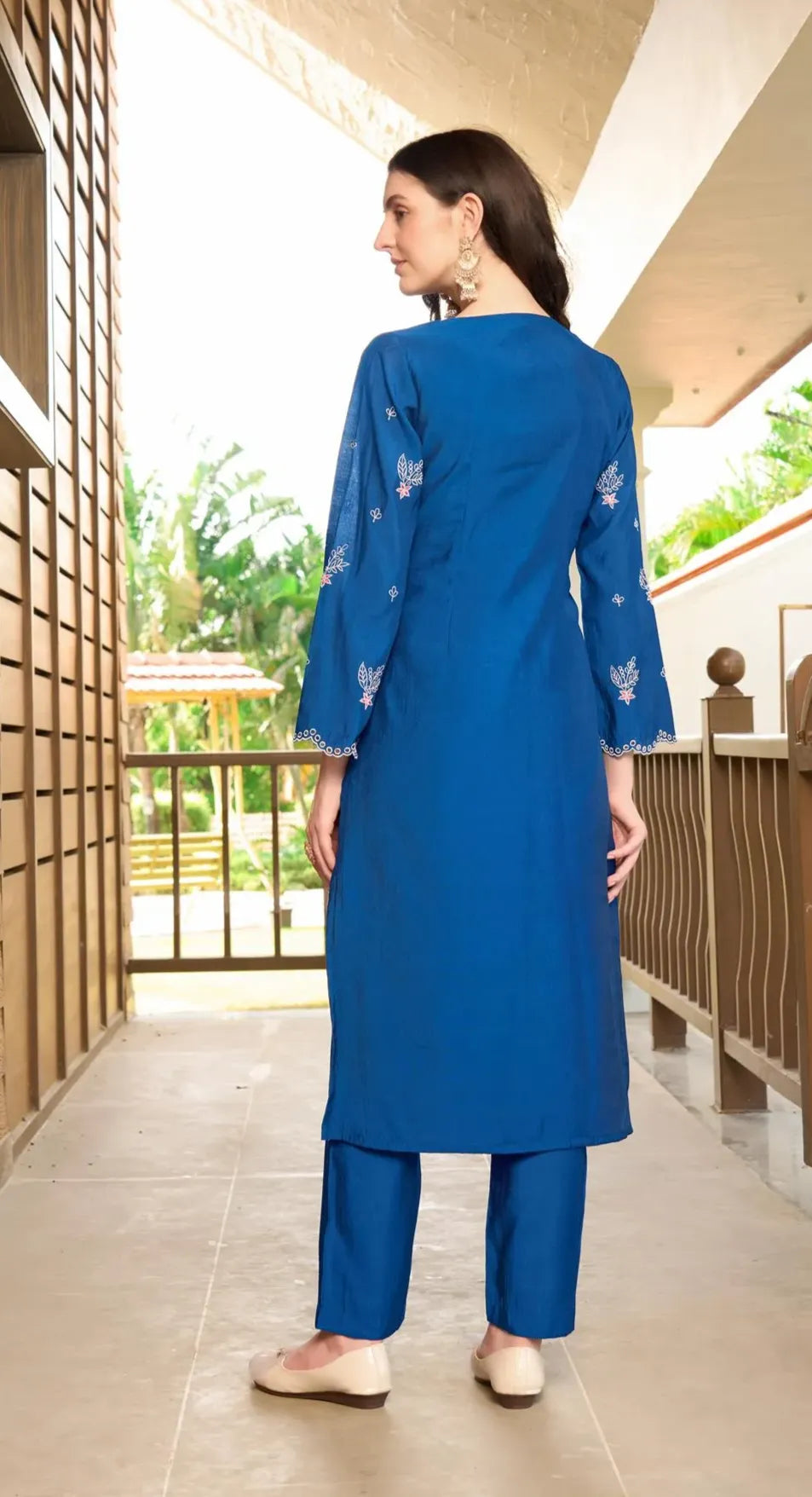 Blue Embroidered Art Silk Straight Kurta