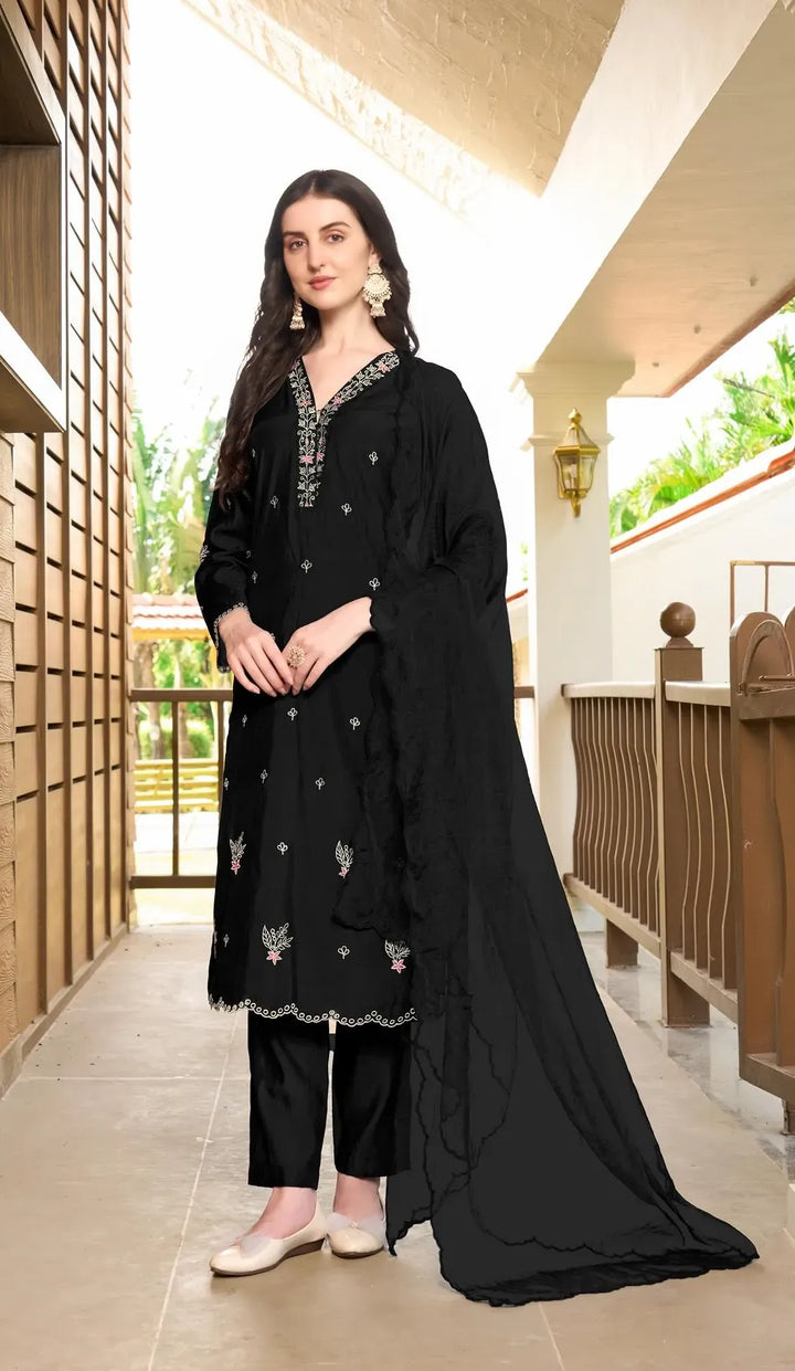 Black Resham Embroidery Art Silk Asymmetrical Suit