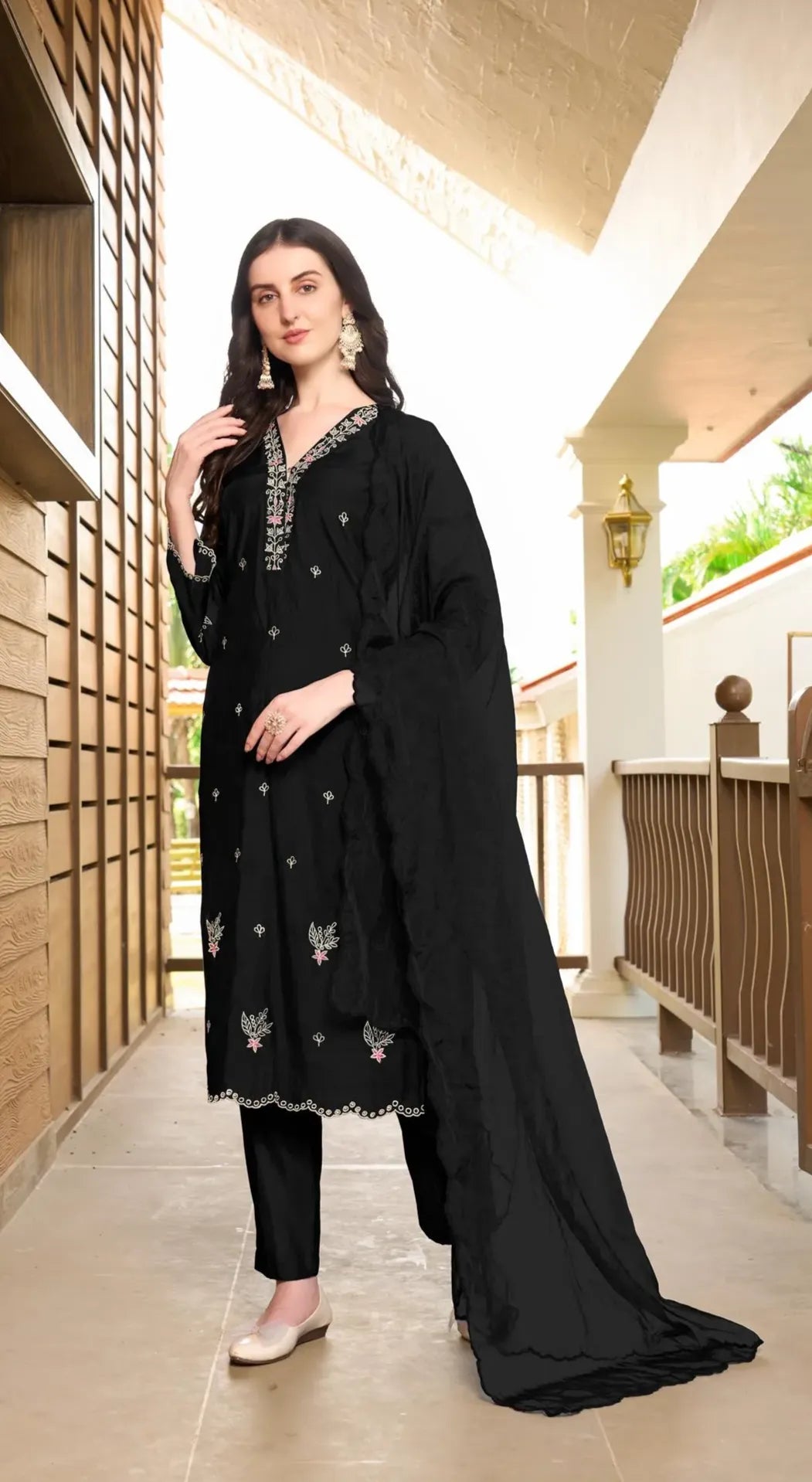 Black Resham Embroidery Art Silk Asymmetrical Suit