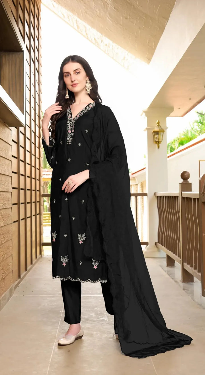 Black Resham Embroidery Art Silk Asymmetrical Suit
