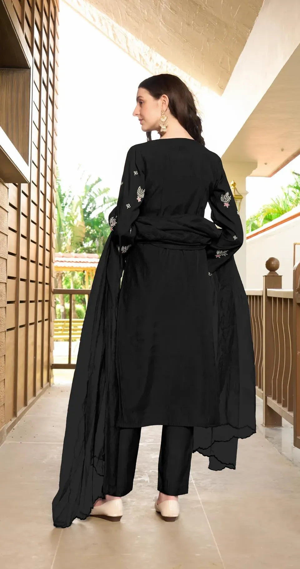 Black Resham Embroidery Art Silk Asymmetrical Suit