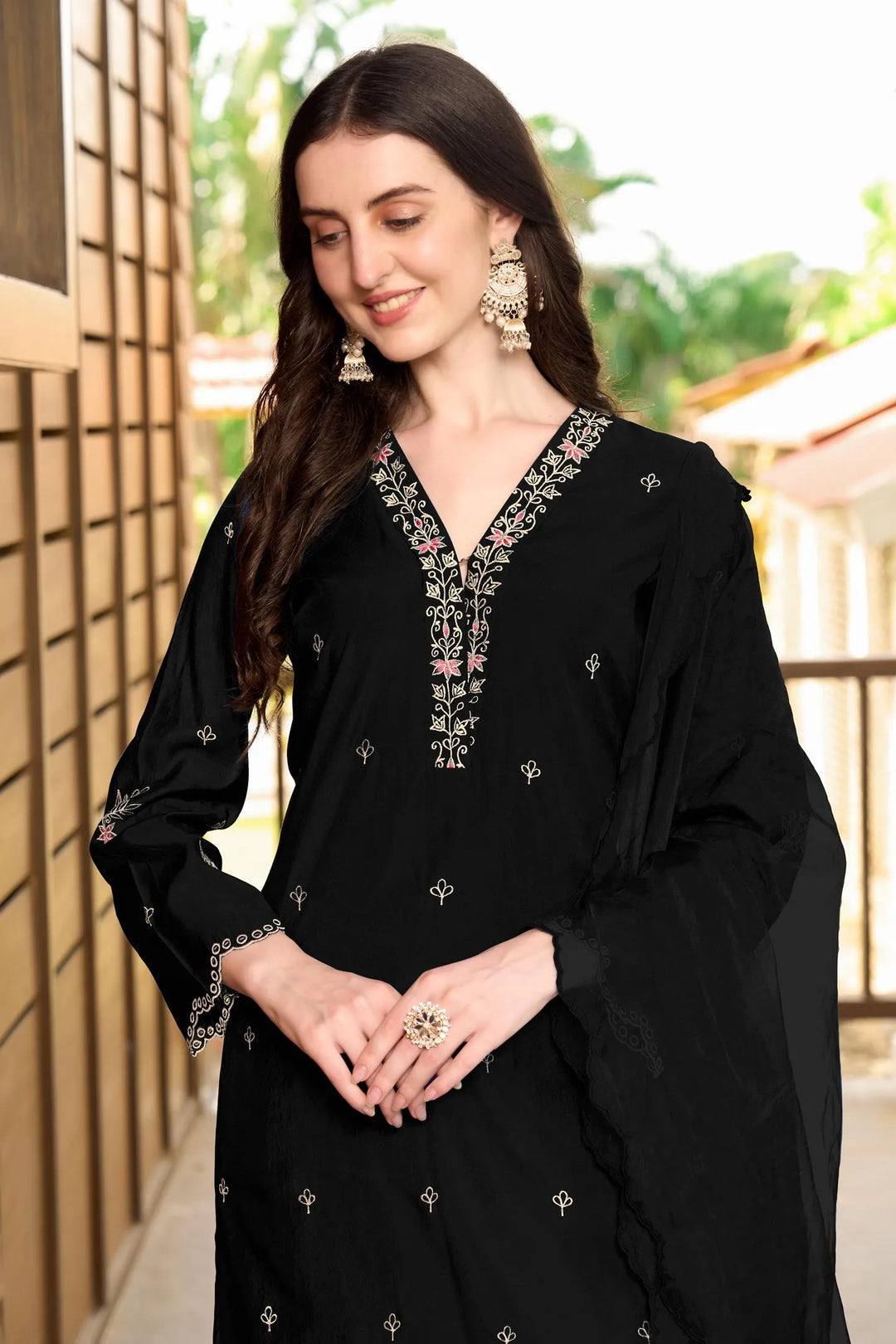 Black Resham Embroidery Art Silk Asymmetrical Suit