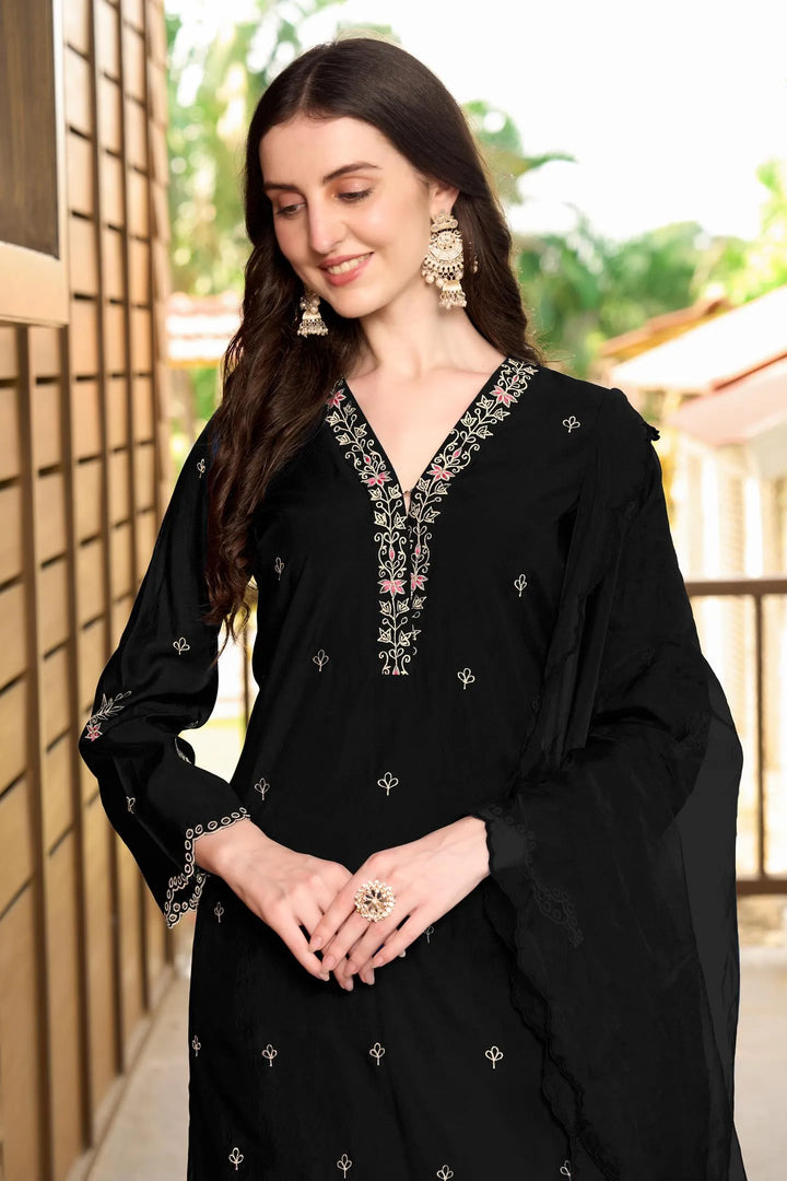 Black Resham Embroidery Art Silk Asymmetrical Suit