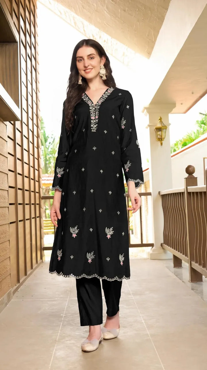 Black Embroidered Art Silk Straight Kurta