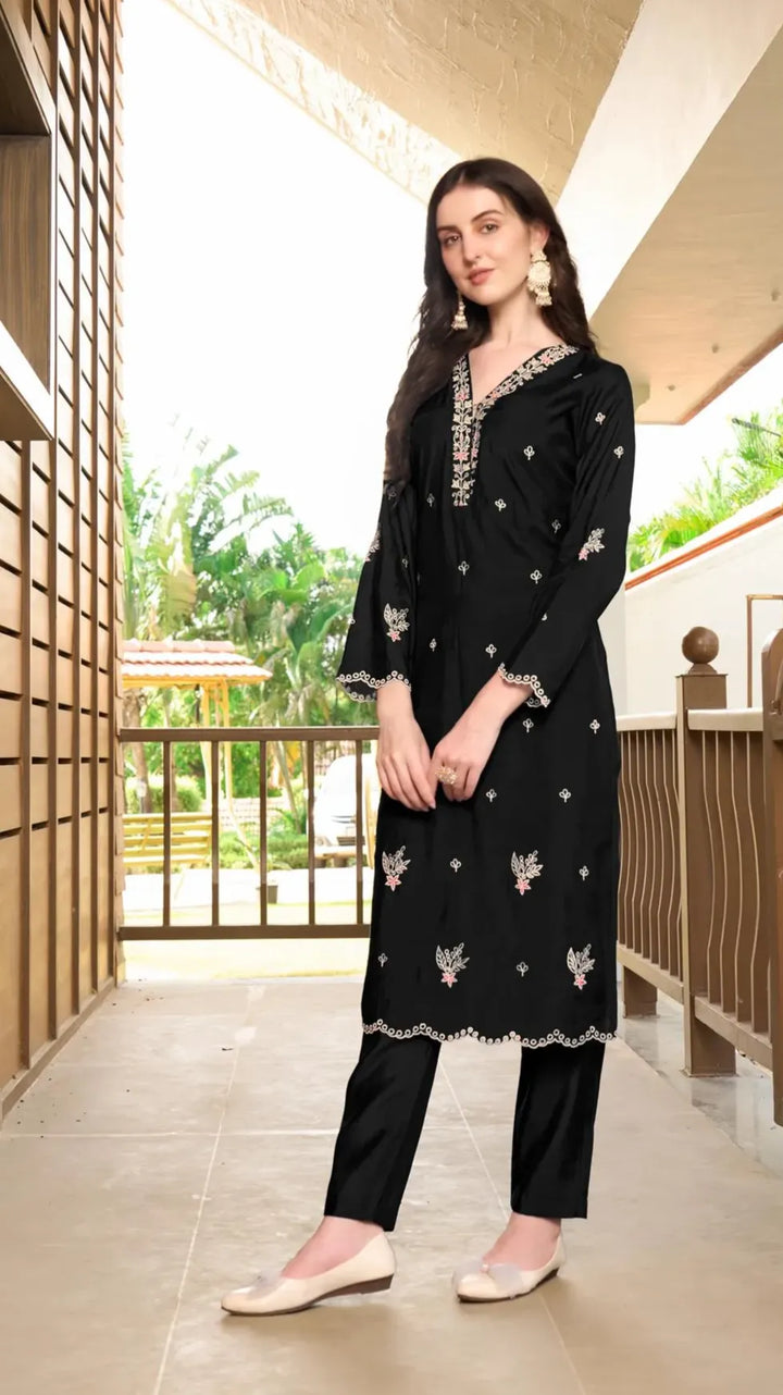 Black Embroidered Art Silk Straight Kurta