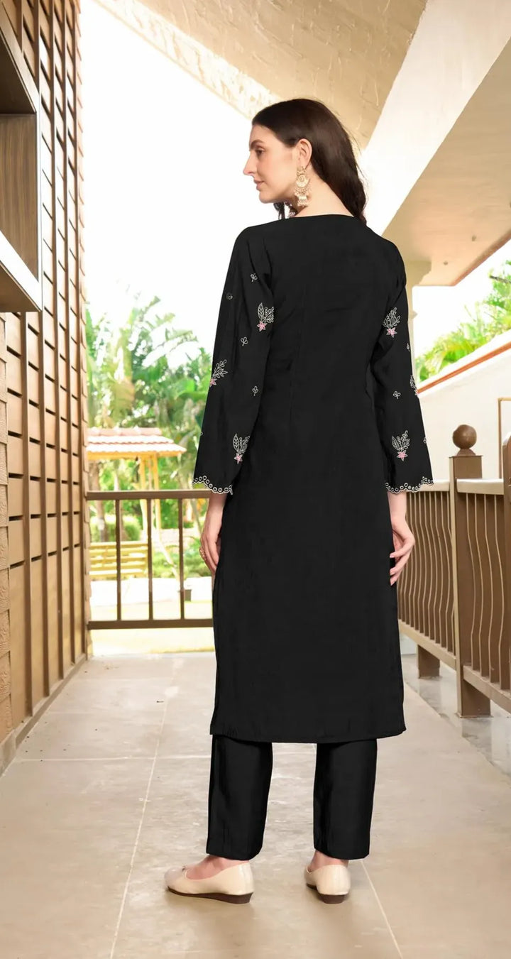 Black Embroidered Art Silk Straight Kurta