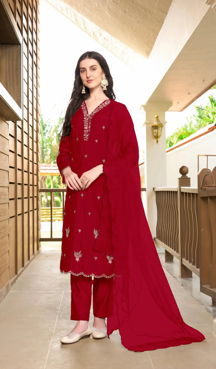 Maroon Resham Embroidery Art Silk Asymmetrical Suit