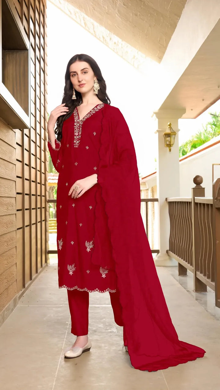 Maroon Resham Embroidery Art Silk Asymmetrical Suit