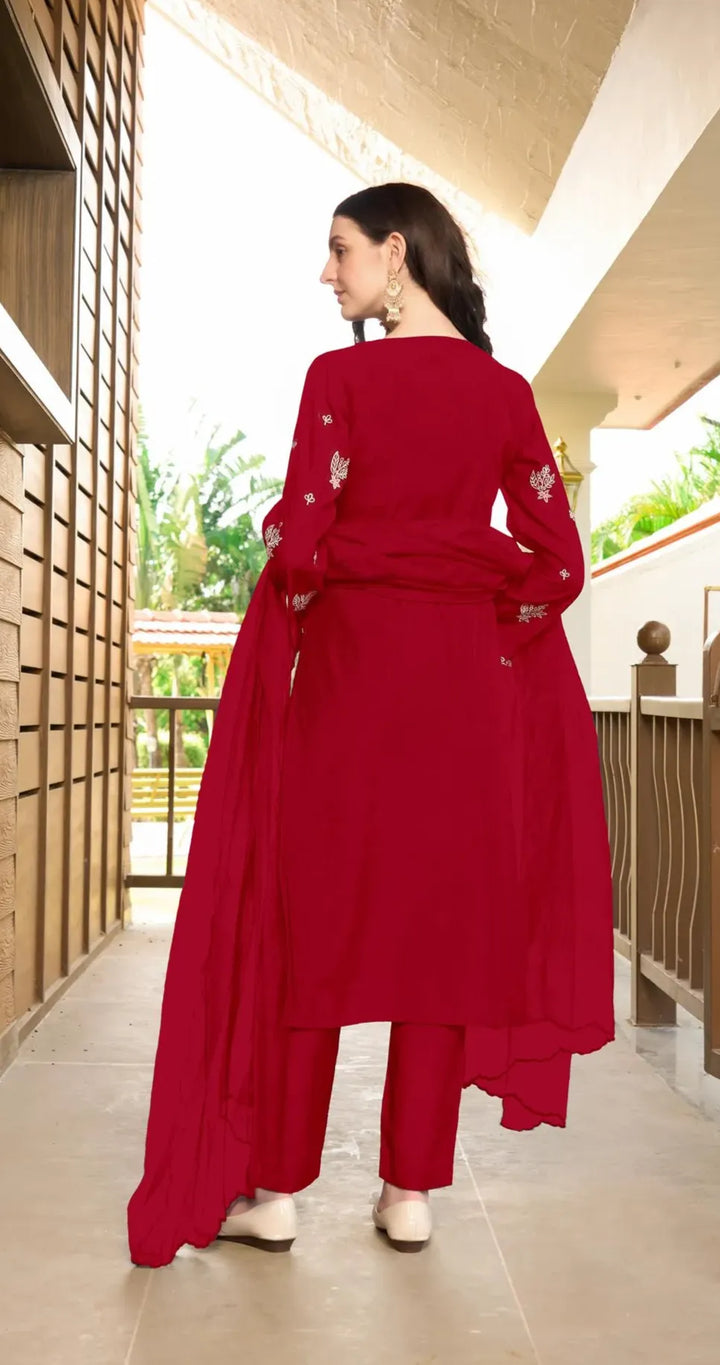 Maroon Resham Embroidery Art Silk Asymmetrical Suit