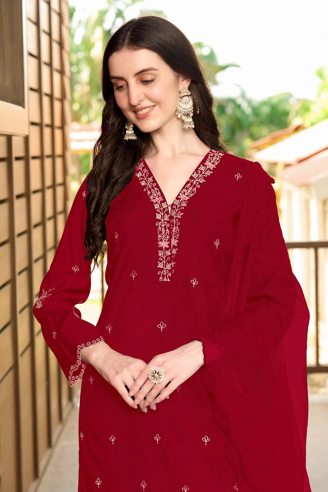 Maroon Resham Embroidery Art Silk Asymmetrical Suit