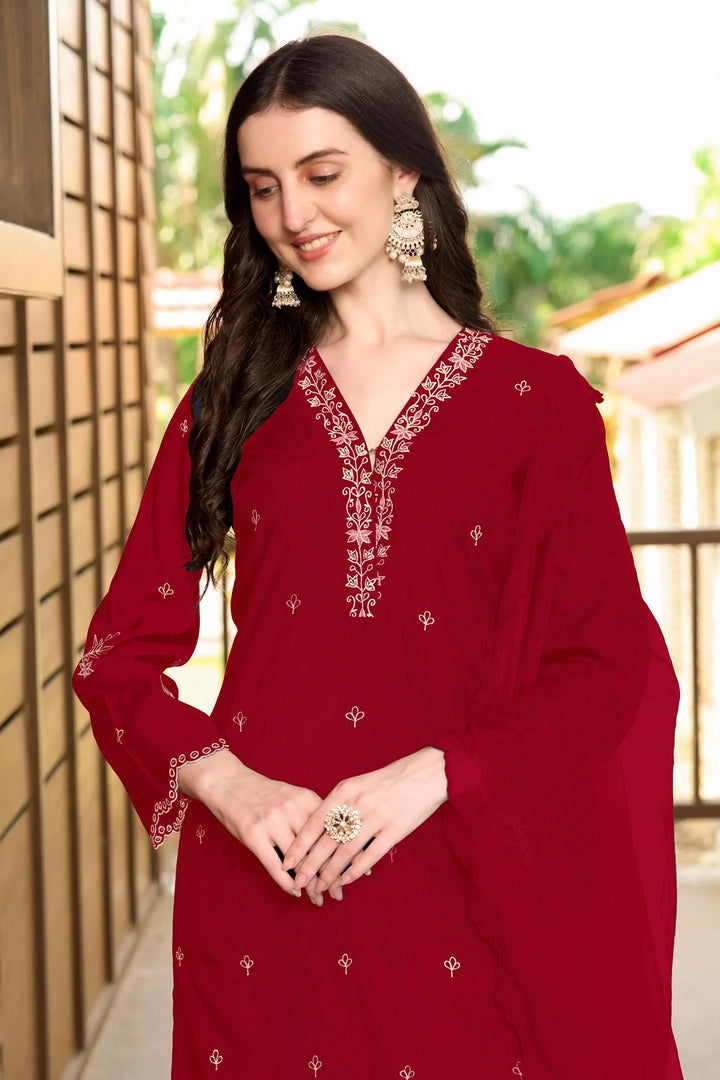 Maroon Resham Embroidery Art Silk Asymmetrical Suit