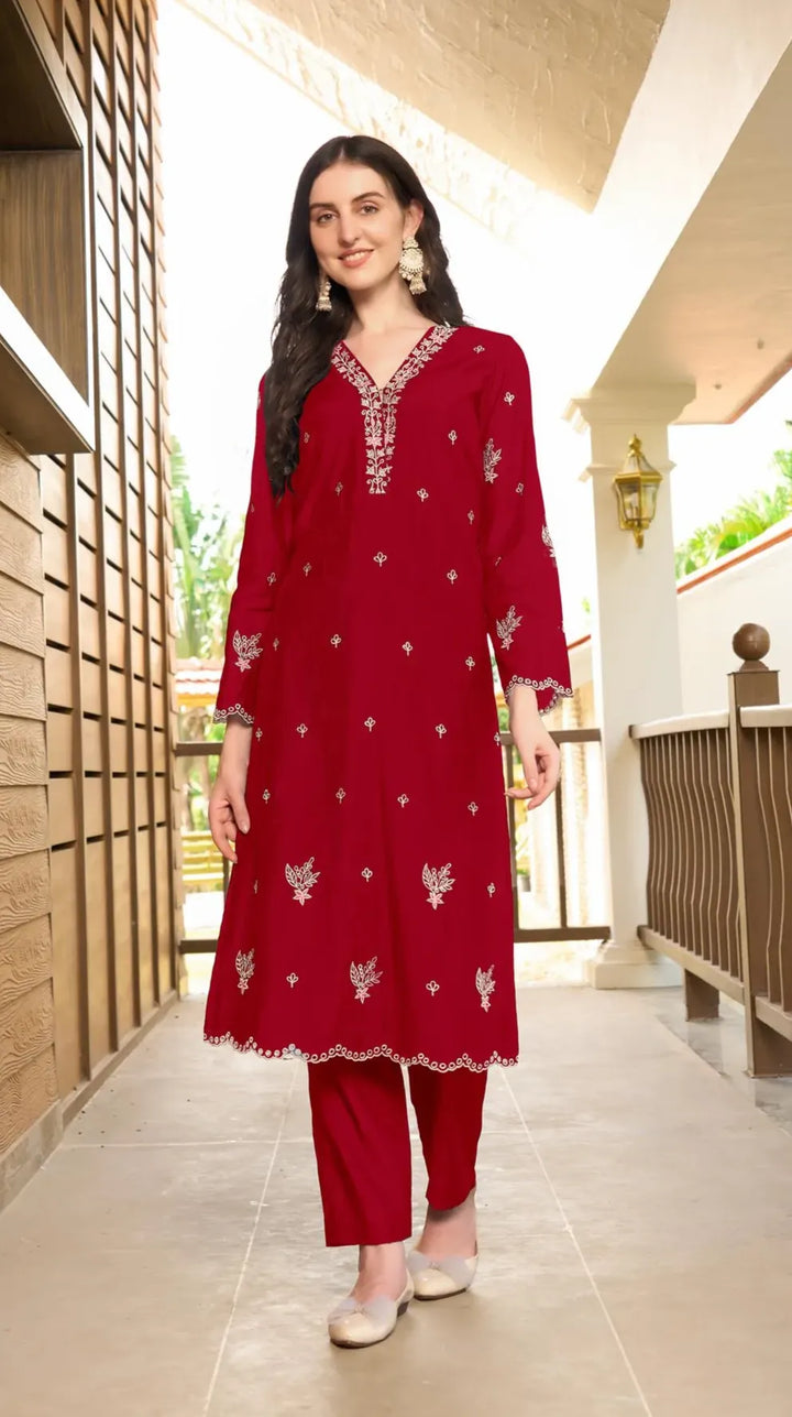 Maroon Embroidered Art Silk Straight Kurta