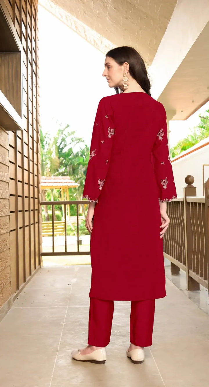 Maroon Embroidered Art Silk Straight Kurta