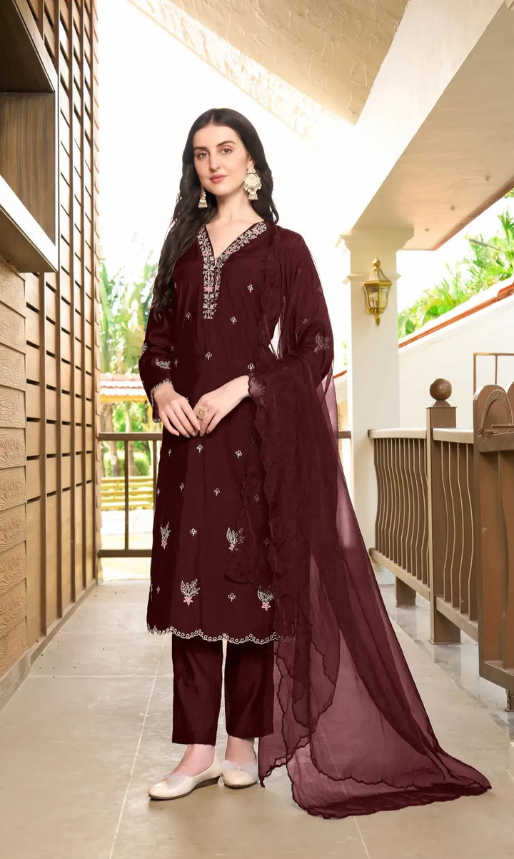 Dark Mroon Resham Embroidery Art Silk Asymmetrical Suit