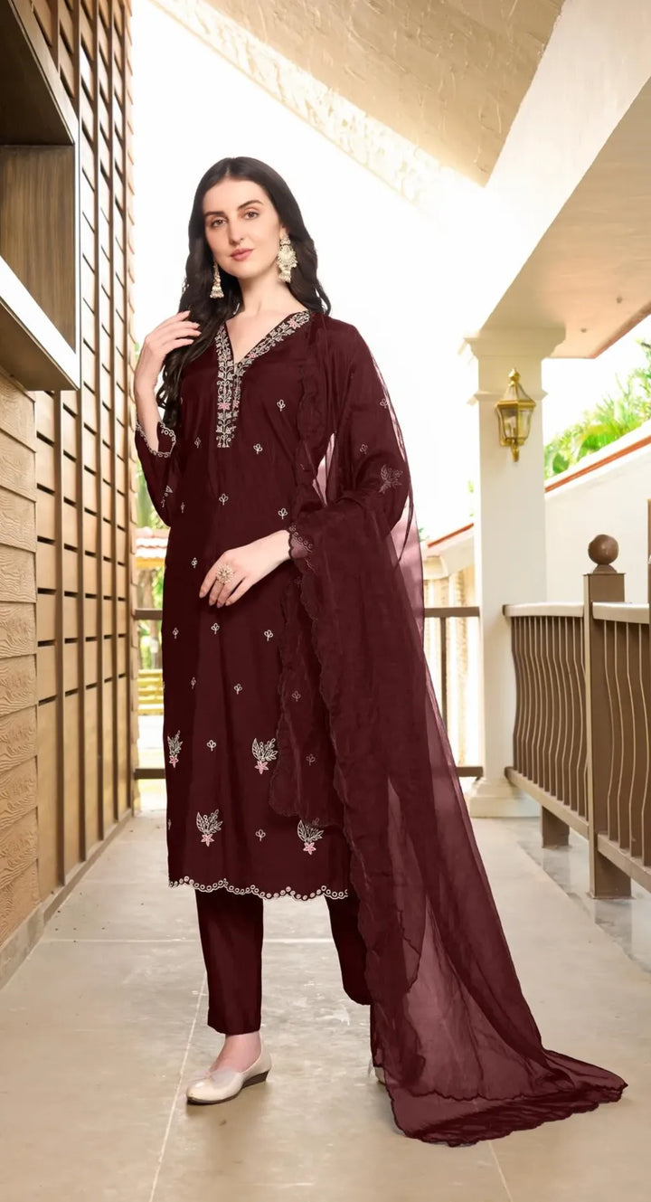 Dark Mroon Resham Embroidery Art Silk Asymmetrical Suit