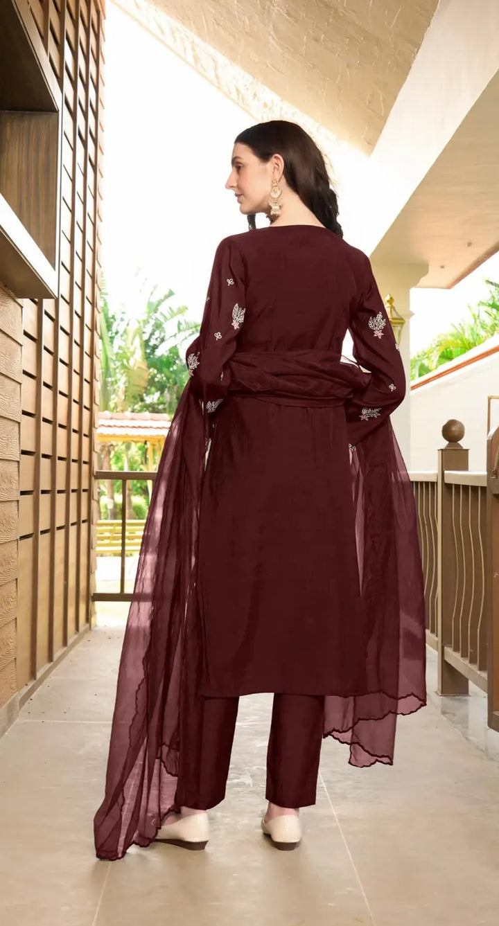 Dark Mroon Resham Embroidery Art Silk Asymmetrical Suit