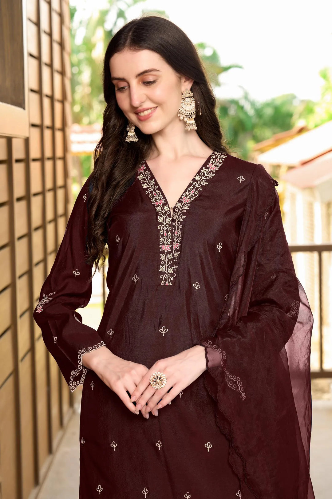 Dark Mroon Resham Embroidery Art Silk Asymmetrical Suit