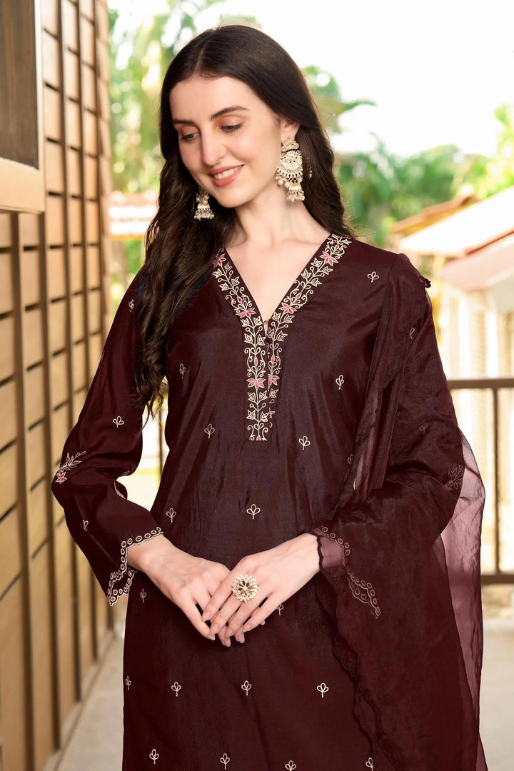 Dark Mroon Resham Embroidery Art Silk Asymmetrical Suit