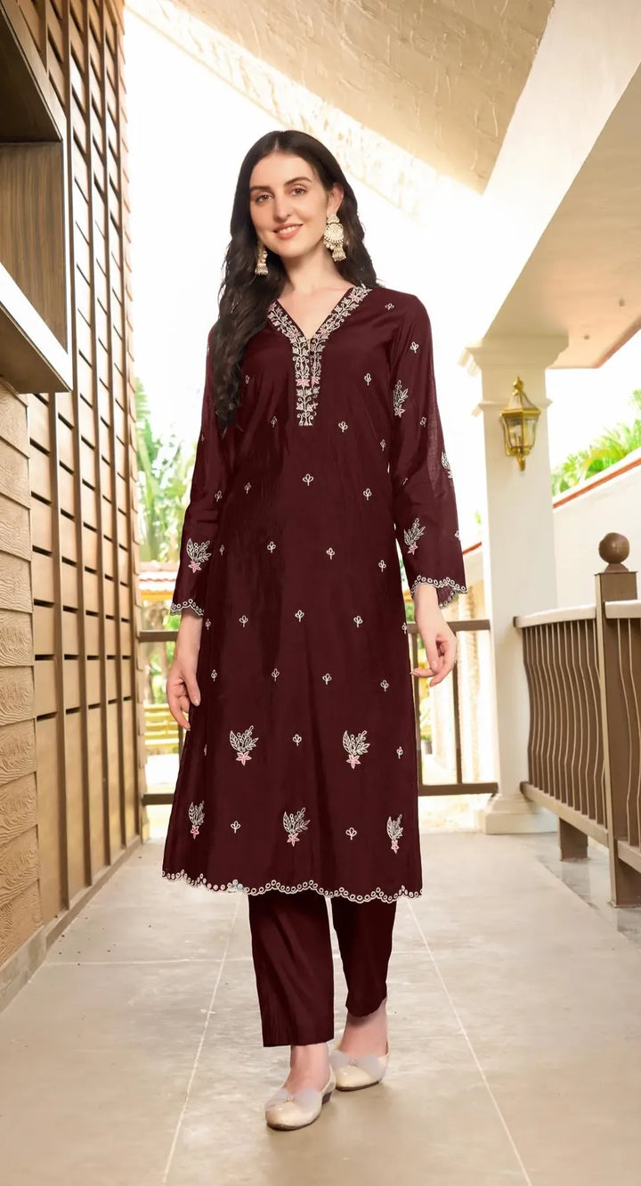 Dark Maroon Embroidered Art Silk Straight Kurta
