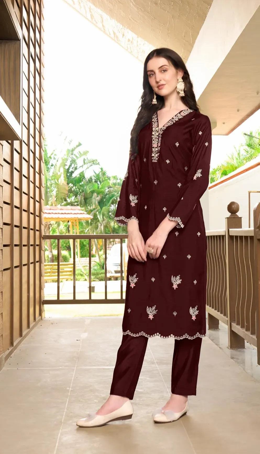 Dark Maroon Embroidered Art Silk Straight Kurta