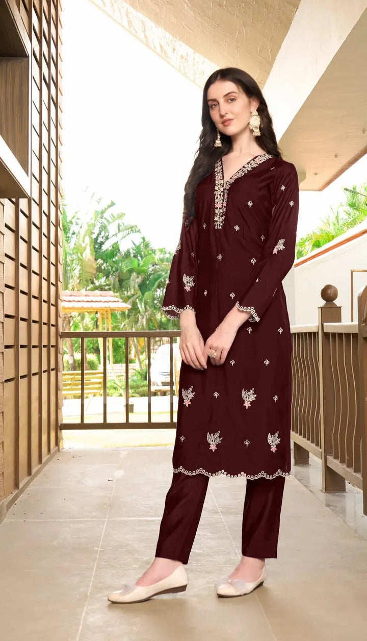 Dark Maroon Embroidered Art Silk Straight Kurta