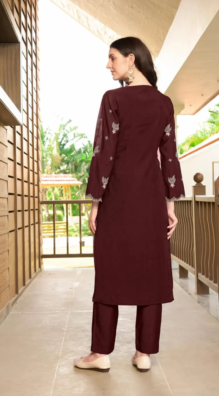 Dark Maroon Embroidered Art Silk Straight Kurta