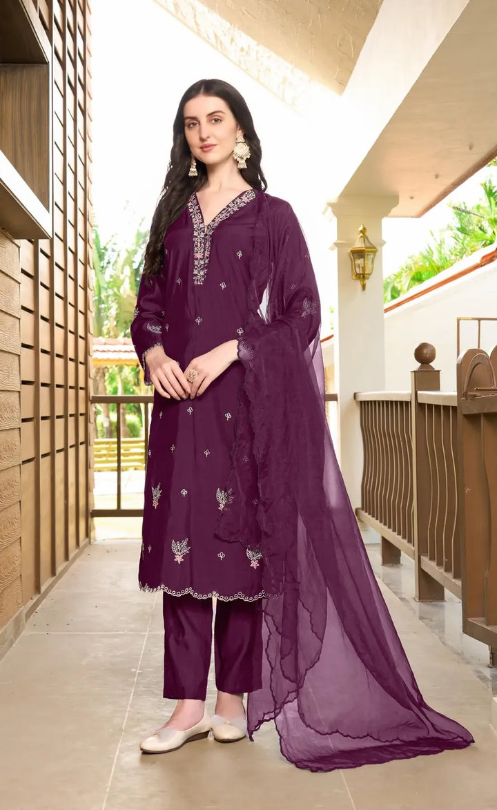 Violet Resham Embroidery Art Silk Asymmetrical Suit