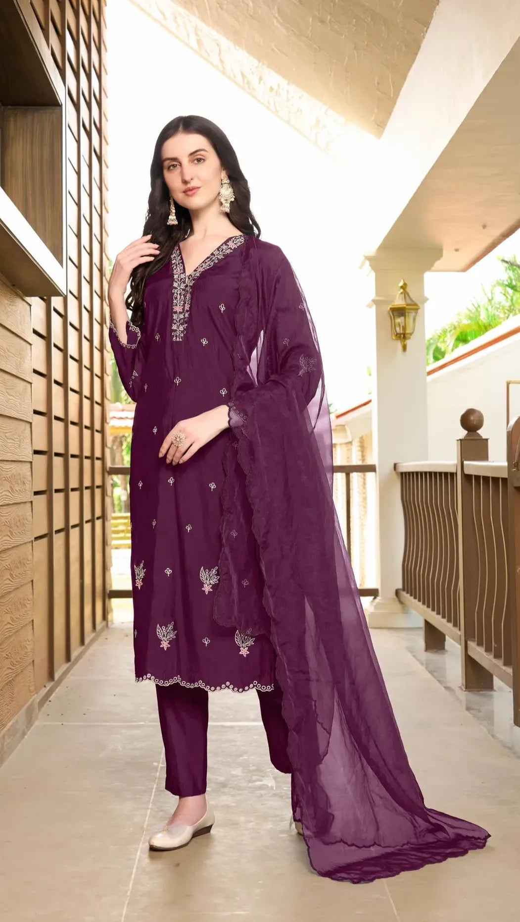 Violet Resham Embroidery Art Silk Asymmetrical Suit