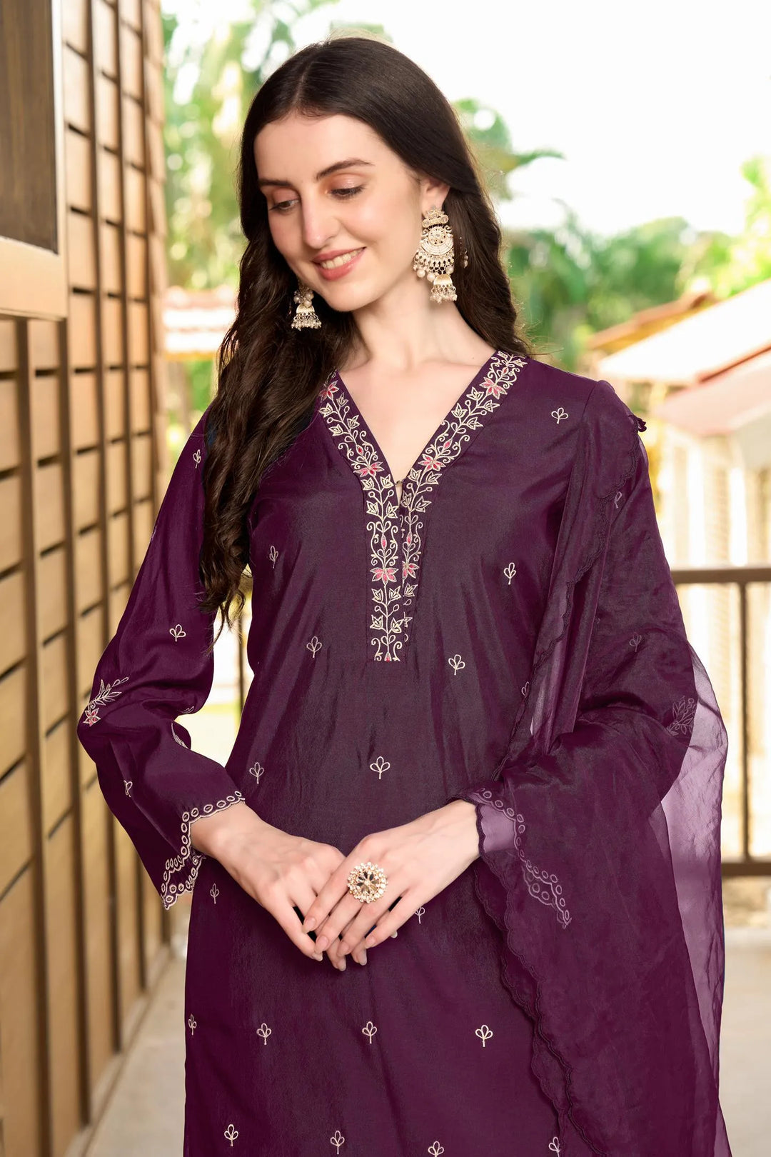 Violet Resham Embroidery Art Silk Asymmetrical Suit