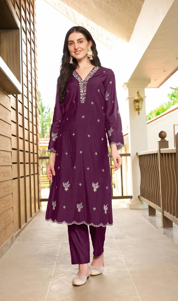 Violet Embroidered Art Silk Straight Kurta