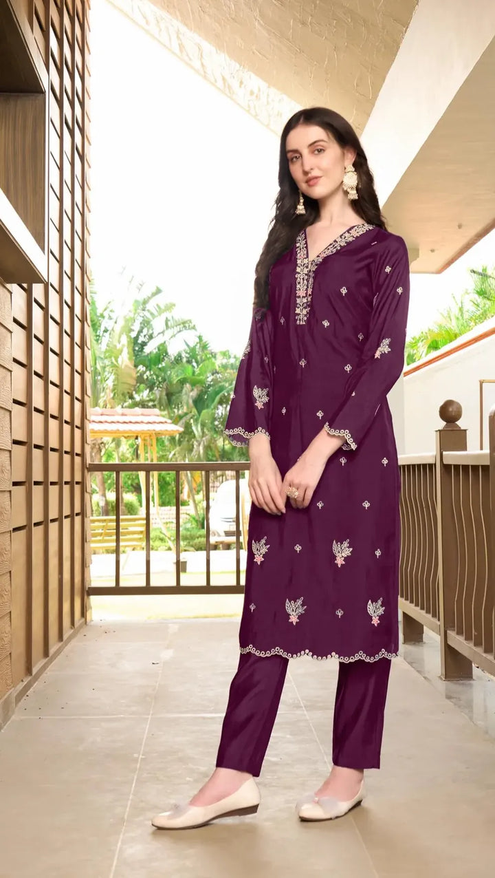 Violet Embroidered Art Silk Straight Kurta