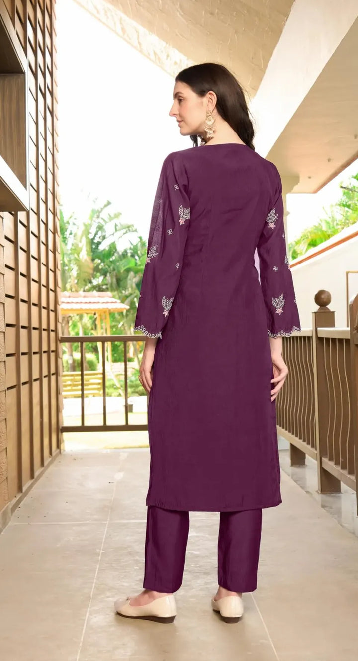 Violet Embroidered Art Silk Straight Kurta