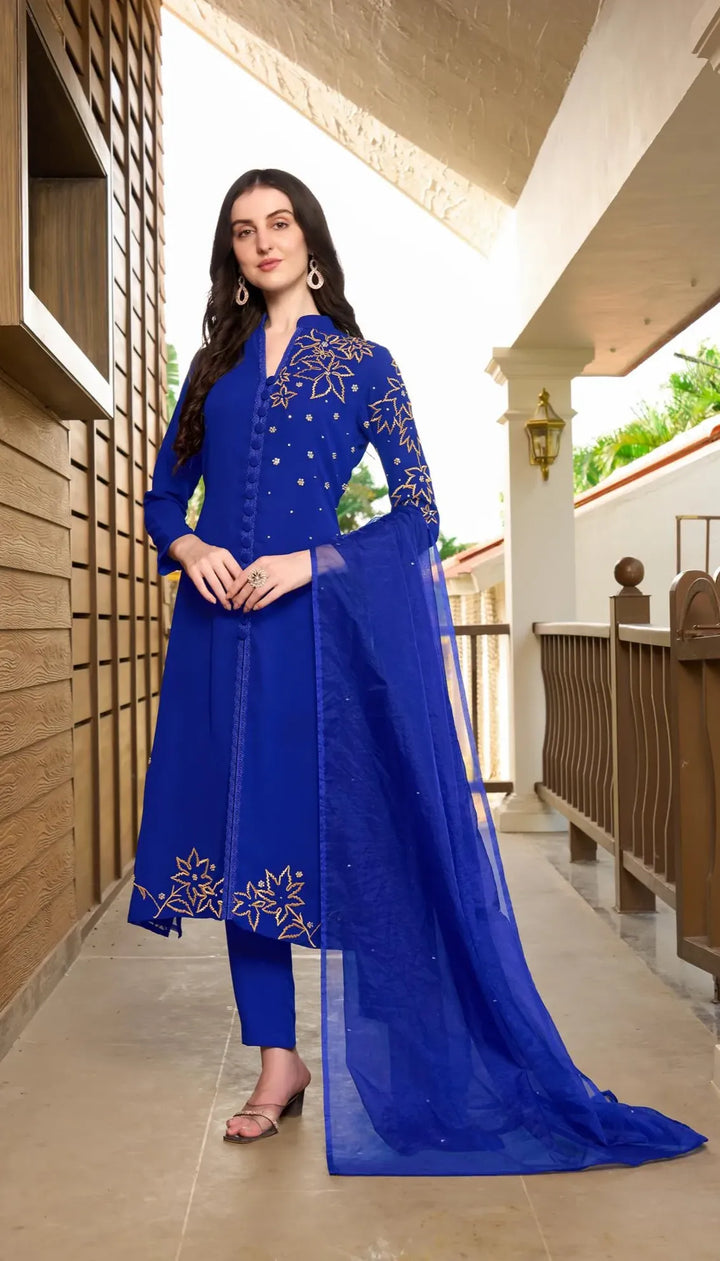 Royal Blue Hand Embroidery Georgette A Line Suit