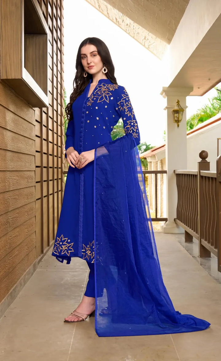 Royal Blue Hand Embroidery Georgette A Line Suit