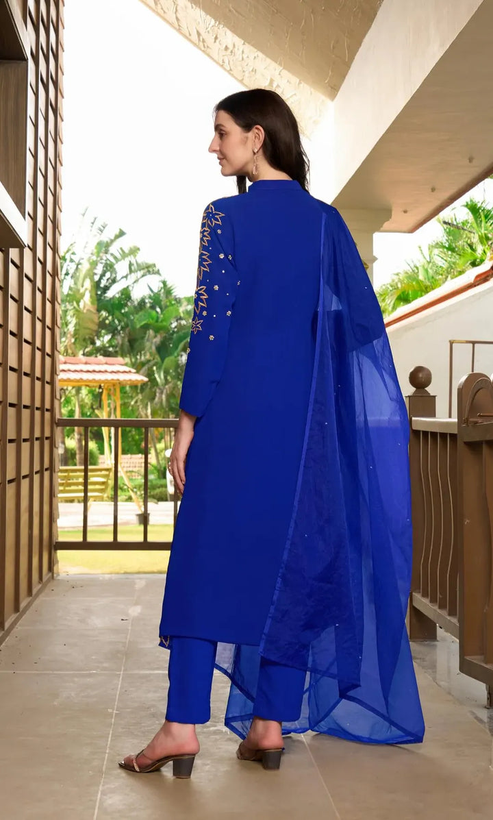 Royal Blue Hand Embroidery Georgette A Line Suit
