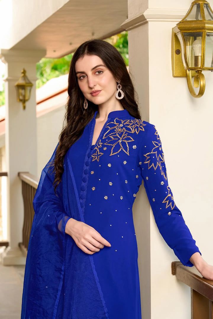 Royal Blue Hand Embroidery Georgette A Line Suit