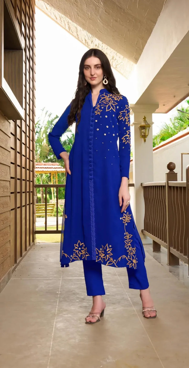 Royal Blue Embroidered Georgette A Line Kurta
