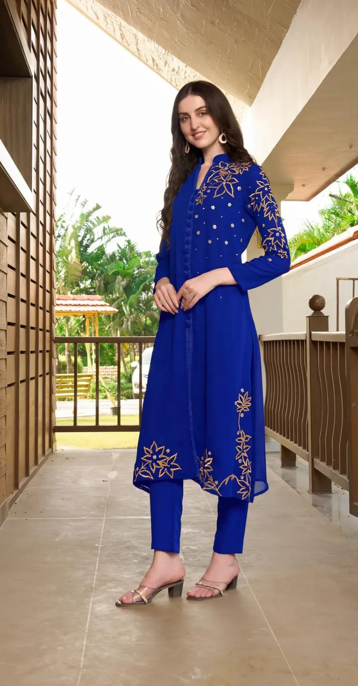 Royal Blue Embroidered Georgette A Line Kurta